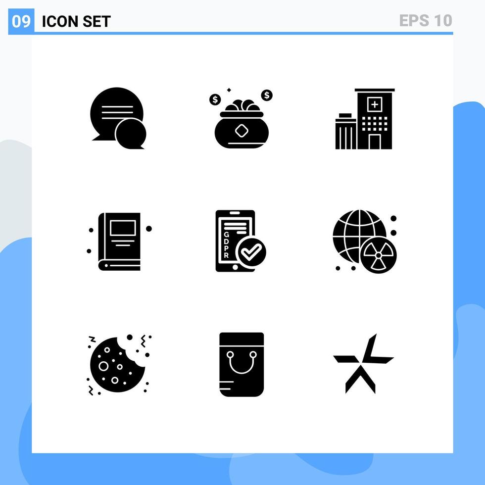 Set of 9 Vector Solid Glyphs on Grid for secure gdpr hospital school book Editable Vector Design Elements