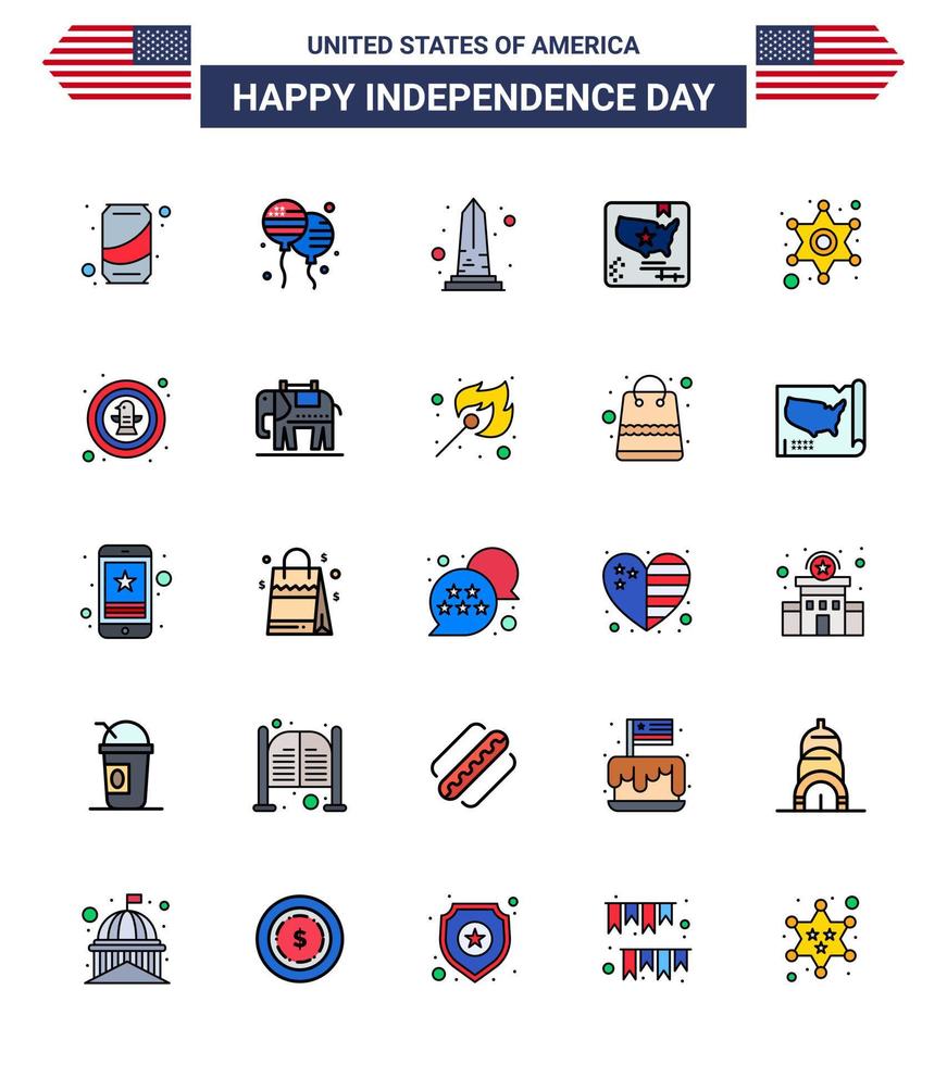 Flat Filled Line Pack of 25 USA Independence Day Symbols of men map landmark flag washington Editable USA Day Vector Design Elements