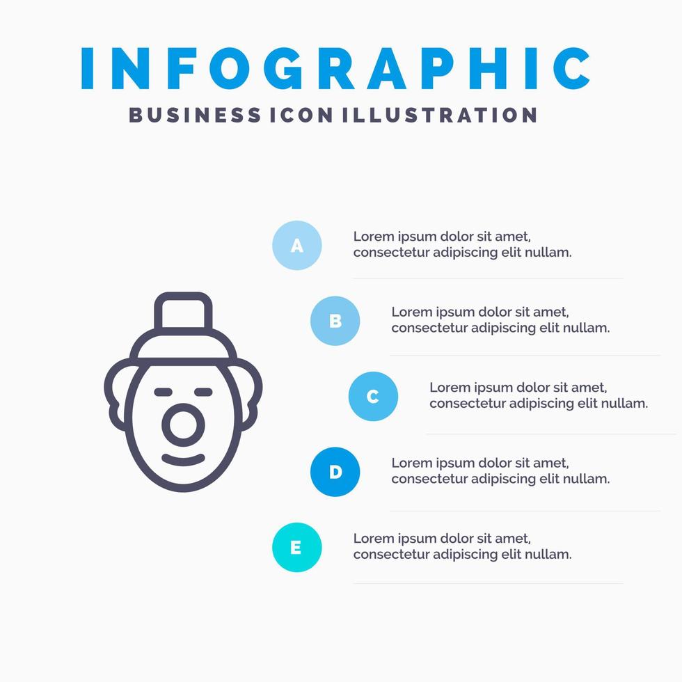 bromista payaso circo plantilla de infografía azul plantilla de icono de línea de vector de 5 pasos