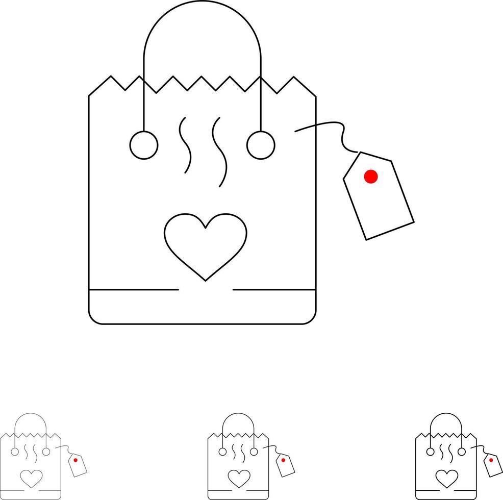 bolso amor corazón boda audaz y delgada línea negra conjunto de iconos vector