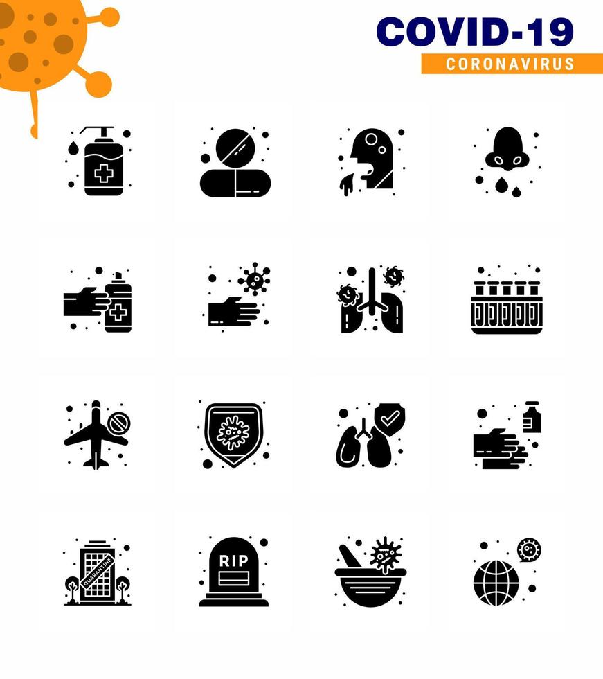 Coronavirus Prevention Set Icons 16 Solid Glyph Black icon such as drops allergy pill people healthcare viral coronavirus 2019nov disease Vector Design Elements