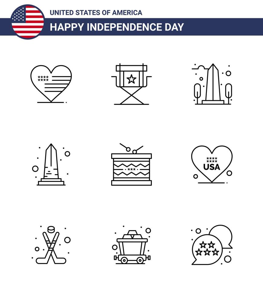 Happy Independence Day 9 Lines Icon Pack for Web and Print parade instrument television drum usa Editable USA Day Vector Design Elements