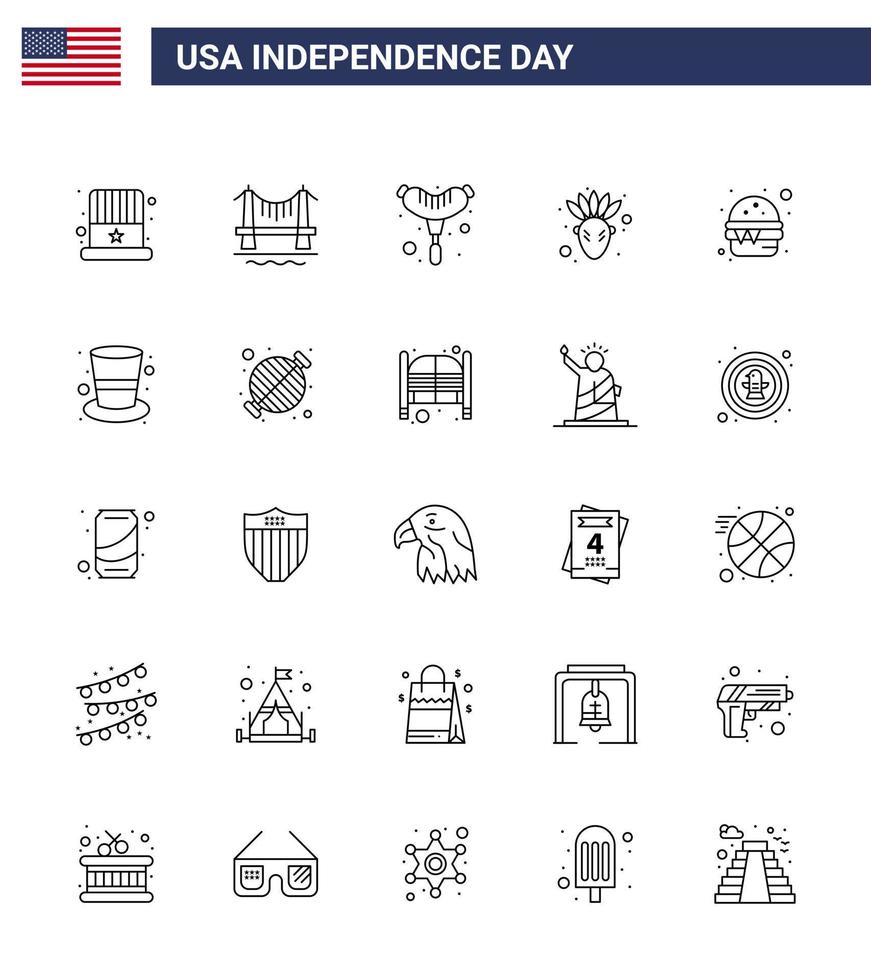 USA Happy Independence DayPictogram Set of 25 Simple Lines of meal fast food burger native american Editable USA Day Vector Design Elements