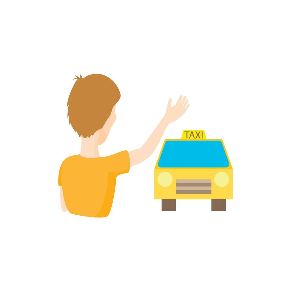 Taxi car and passenger waving icon, cartoon style vector