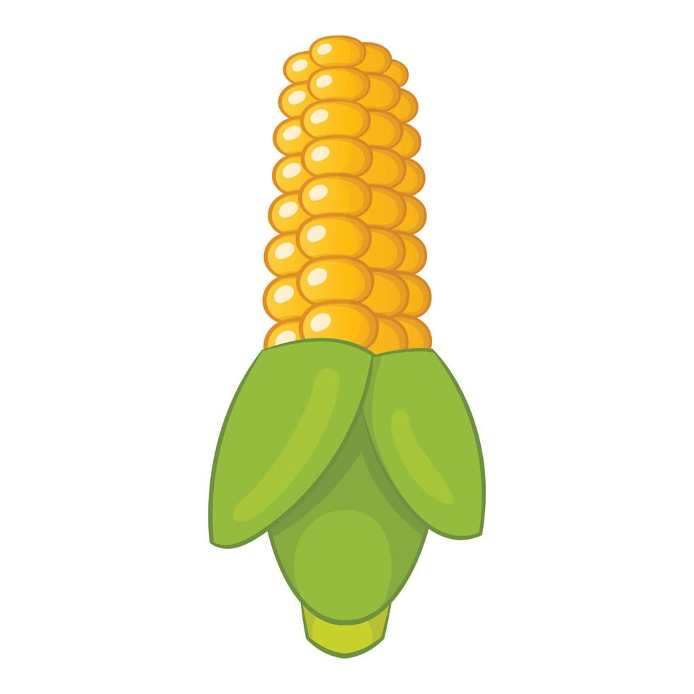 Ear of corn with green leaves icon, cartoon style vector