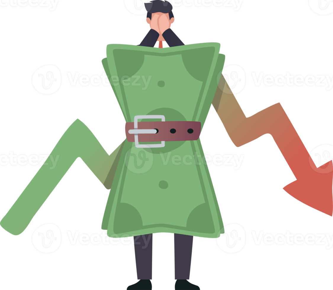 Businessman and Dollars bill with tighten or squeezing his belt is like saving money. Tighten belt to save money. illustration png