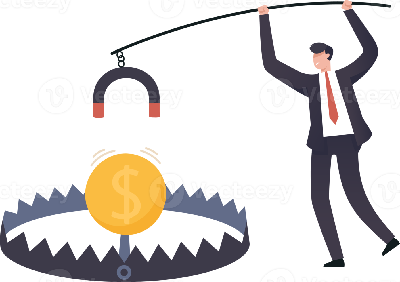 Money trap concept, financial risk metaphor. Businessman trying to reach money trap with dollar coin. illustration png