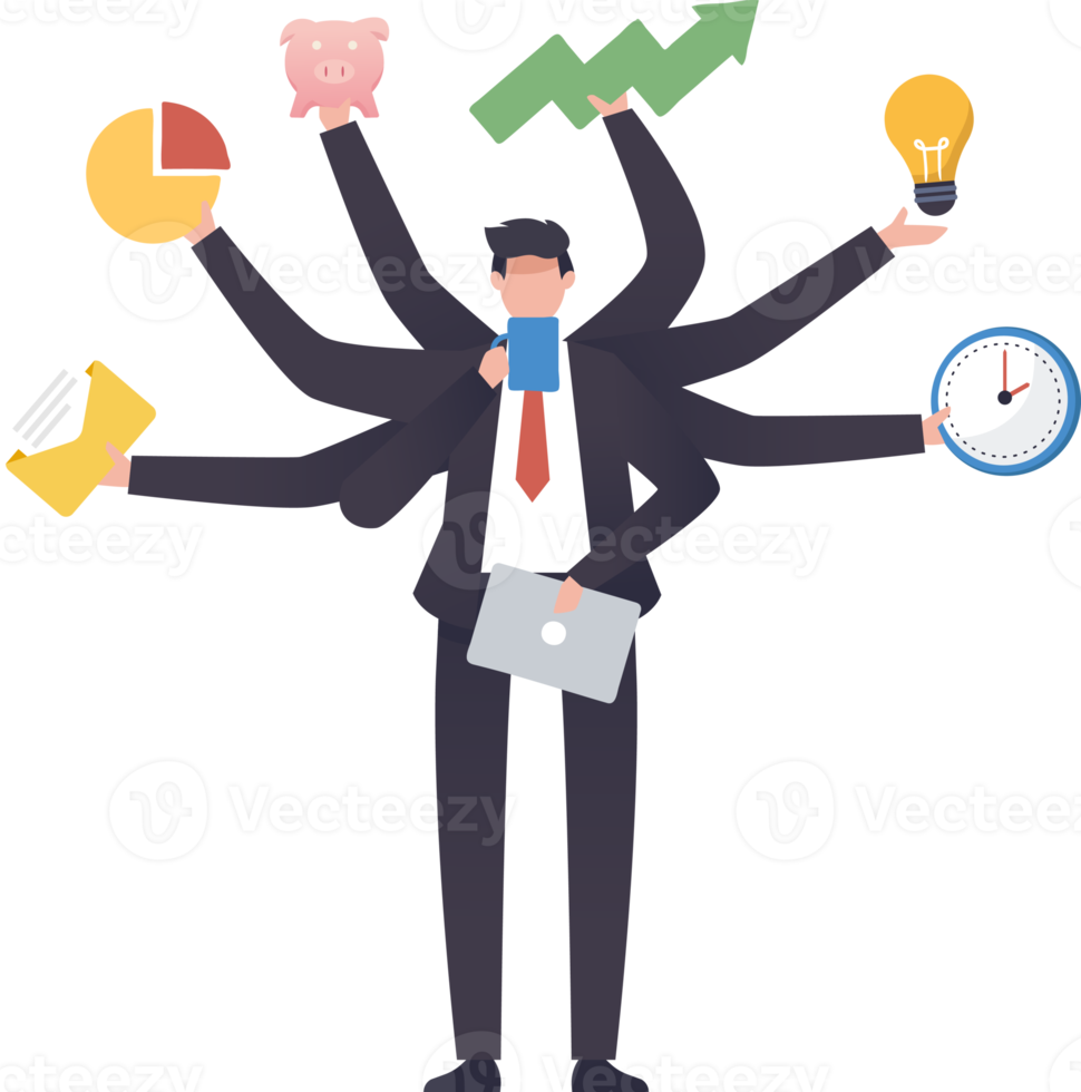 Businessman with many hands in a suit. Works simultaneously with several objects. multitasking work and time management concept. illustration png