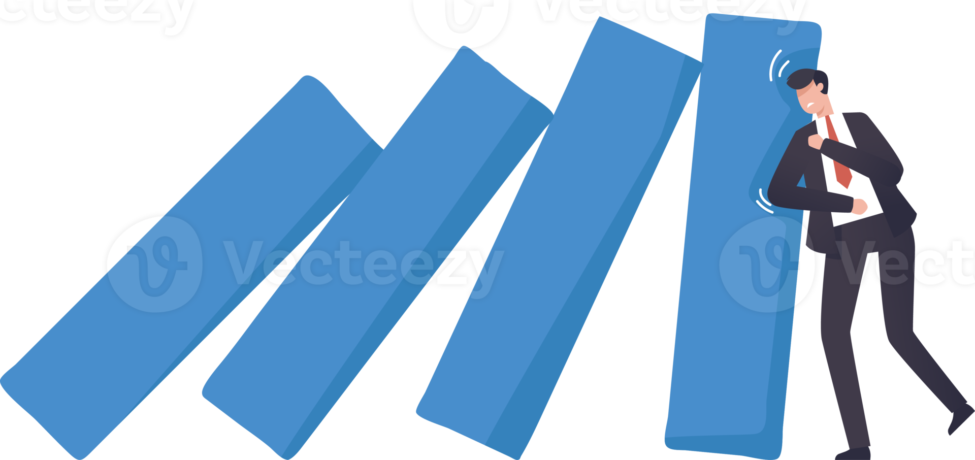 Surviving from job duties and persist in the economic crisis. Patience and adaptation in business to success. Businessman trying to stop dominoes from falling. illustration png