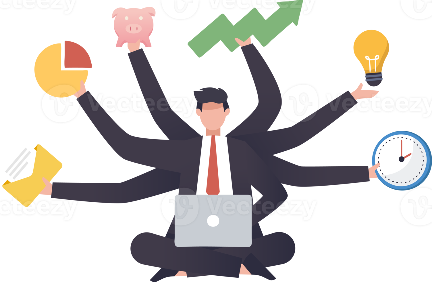 Businessman with many hands in a suit. Works simultaneously with several objects. multitasking work and time management concept. illustration png