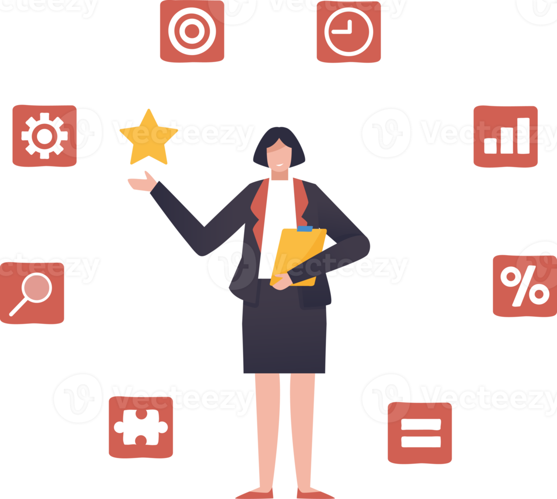 Business data analytics, management tools, intelligence, corporate strategy development, data-driven decision making. business woman with information tools. illustration png