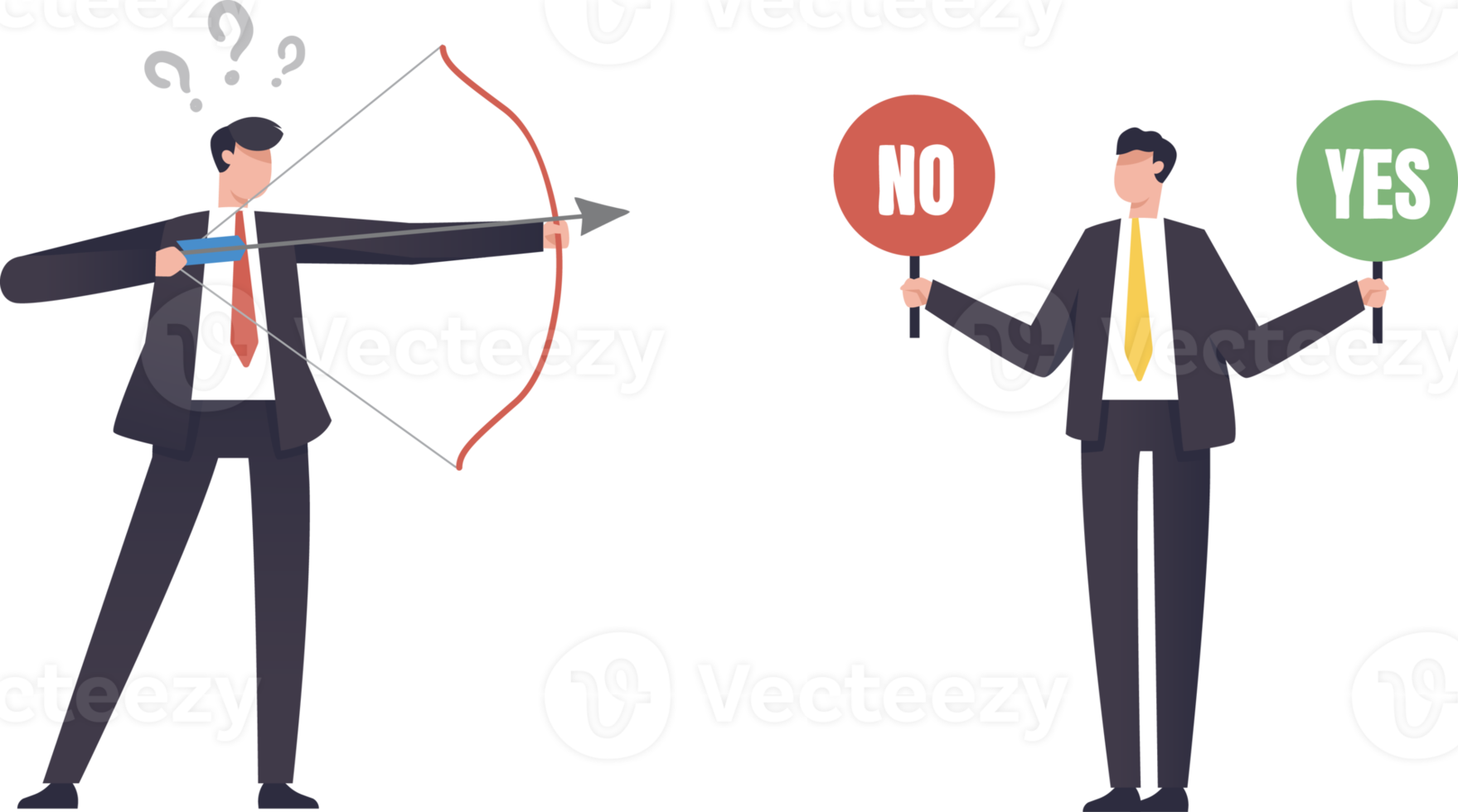 YES or NO, Right or wrong business decisions, true or false, right and wrong, alternative concept. Businessman aiming arrow at Yes or No word. illustration png