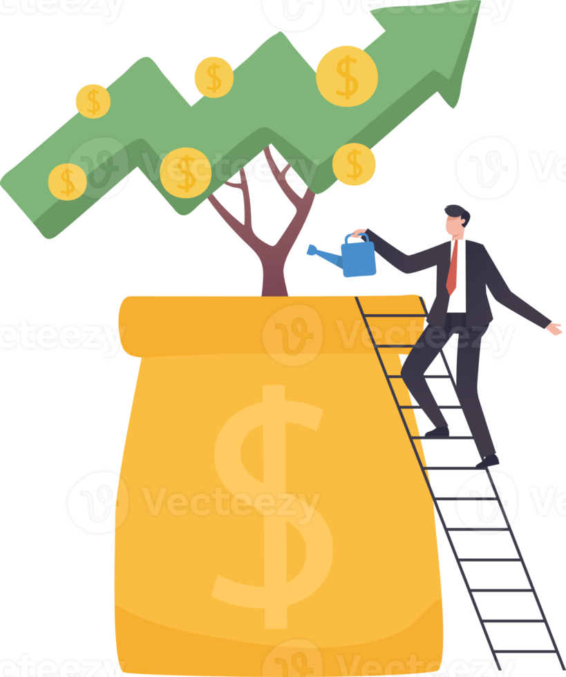 businessman watering and harvest money tree concept. Financial or investment growth, increase earning profit and capital gain, success in wealth management concept, png