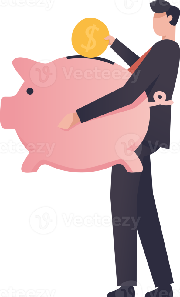Businessman putting money in a piggy bank. illustration png. png