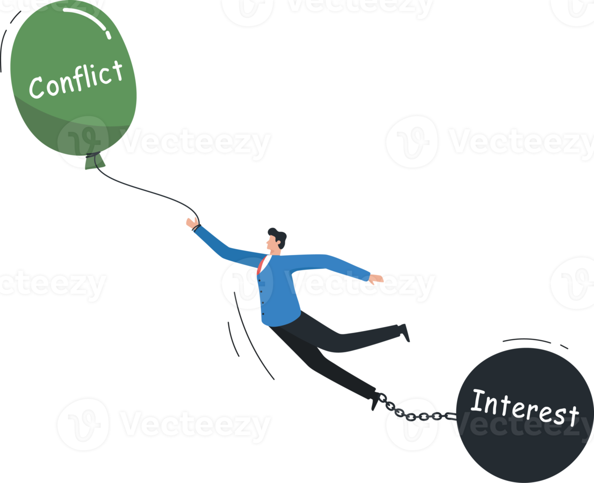 Conflict or interest. decision choice. Conflict management. Proof of vision in problem solving. Businessman tied up with balloons and pendulum. png