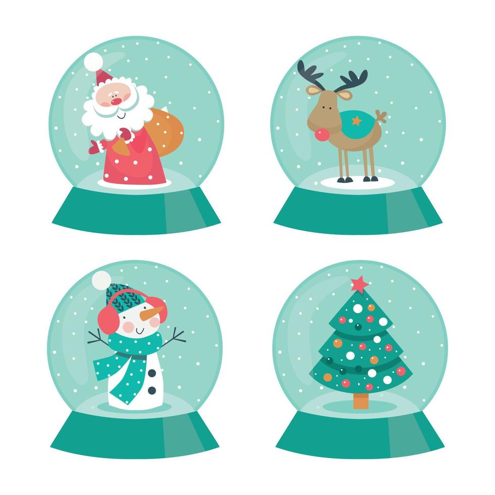 Set of Christmas Snow Globes with Santa reindeer snowman and tree vector