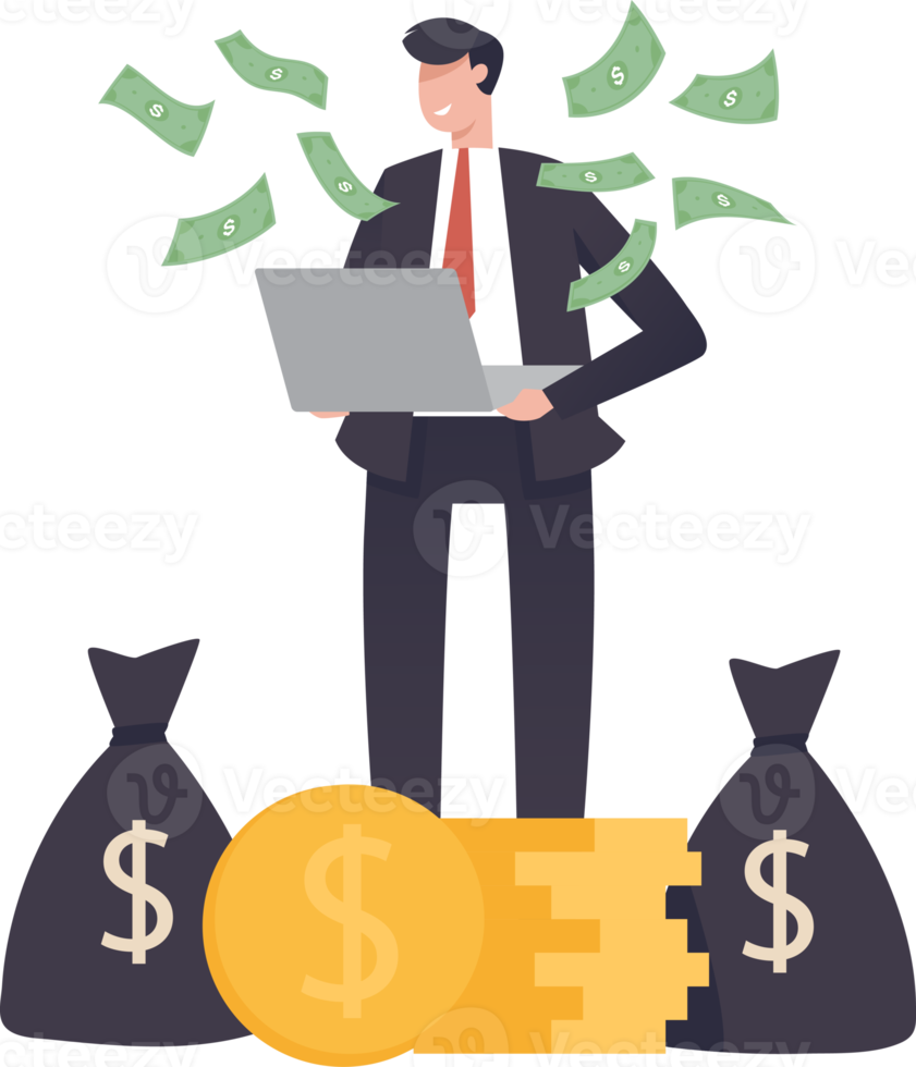 Online income. Happy businessman earning money. confident businessman showing how work online. holding money and laptop. illustration png