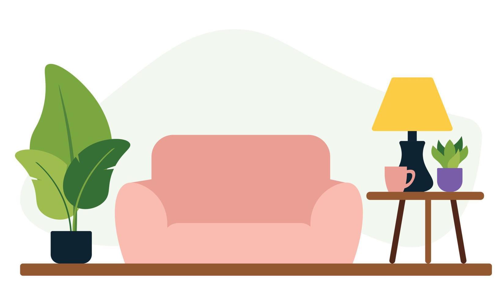 living room interior, sofa, potted plant, table, cup, lamp. Vector flat illustration