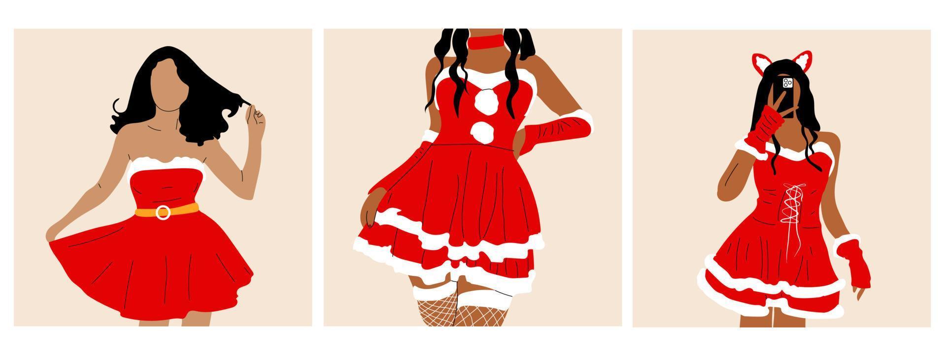 conjunto de tres chicas está vestida con un sexy vestido de navidad. toma una selfie ilustraciones vectoriales dibujadas a mano vector