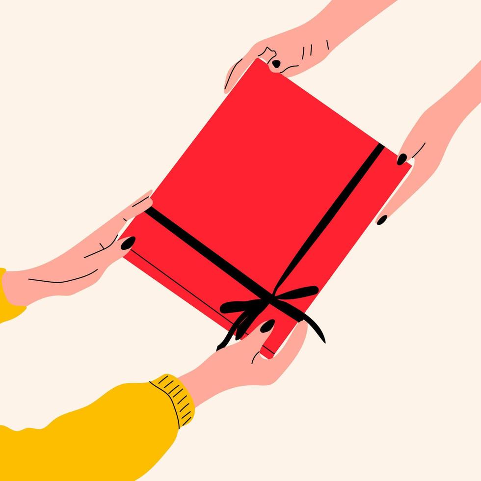 Hands holding present box decorated with bow vector illustration. Promotions and bonuses keep customers interested. Best offer