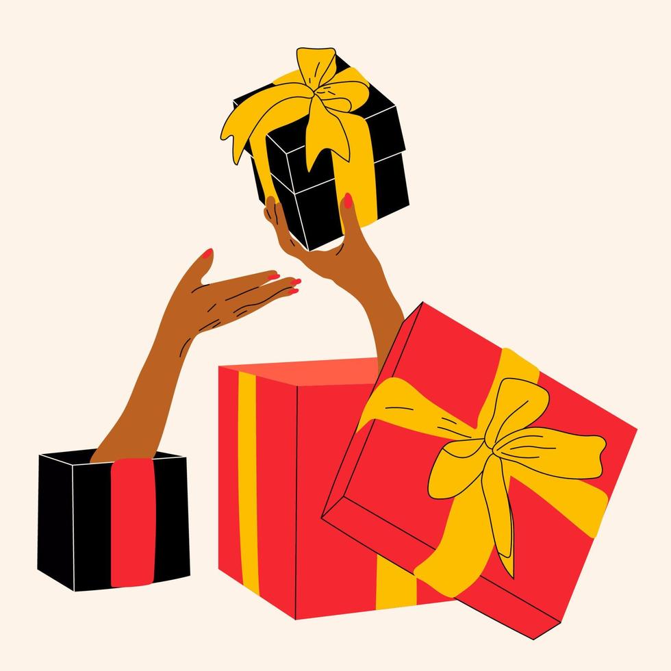 Hands holding present box decorated with bow vector illustration. Promotions and bonuses keep customers interested. Best offer