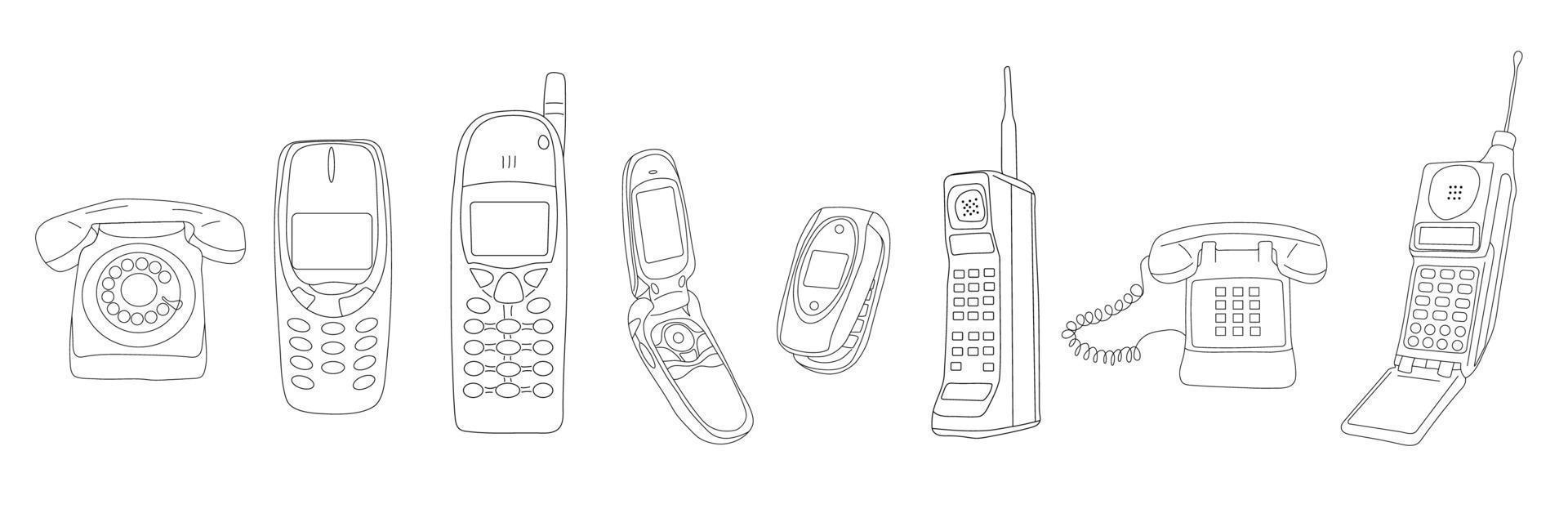 Vector vintage means of communication line drawing set. Retro black and white collection old phones