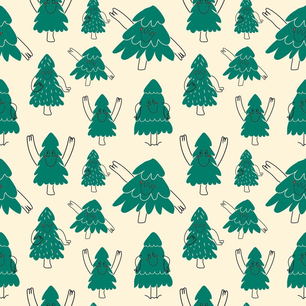 patrón sin costuras con un conjunto de varios árboles de navidad con emociones faciales, manos y piernas. dibujado a mano de moda para niños. lindos personajes divertidos. vector