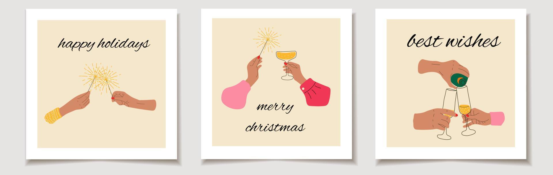 Christmas vector gift card or tag Christmas Set of three Hands hold champagne and sparklers. merry christmas lettering, best wishes.
