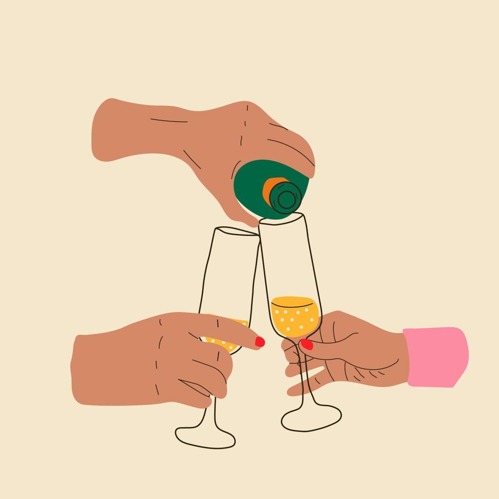 People hands are cracking by wine glasses with a champagne. Friends meeting, romantic date concept. Isolated vector illustration flat design.