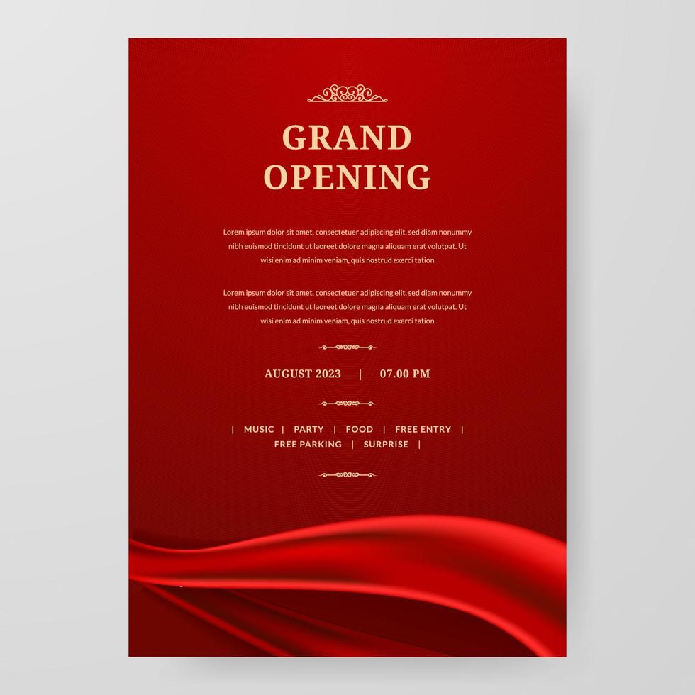 celebración de cartel de gran inauguración con decoración de elementos de cinta de seda satinada de tela roja para lujo elegante vip royal vector