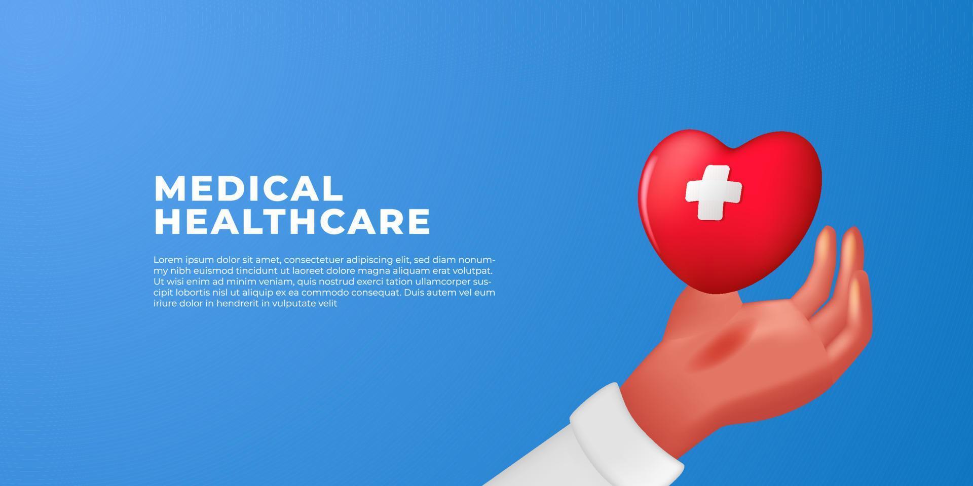3D cartoon hand with red hearth medical healthcare illustration concept for hospital clinic vector