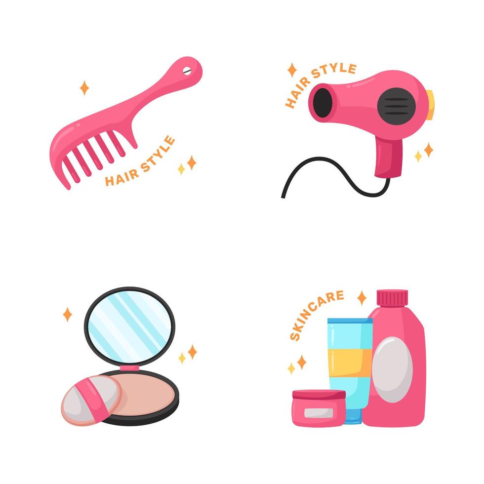 estilo de cabello secador de pelo peine polvo producto para el cuidado de la piel belleza mujer maquillaje pegatina ilustración vector