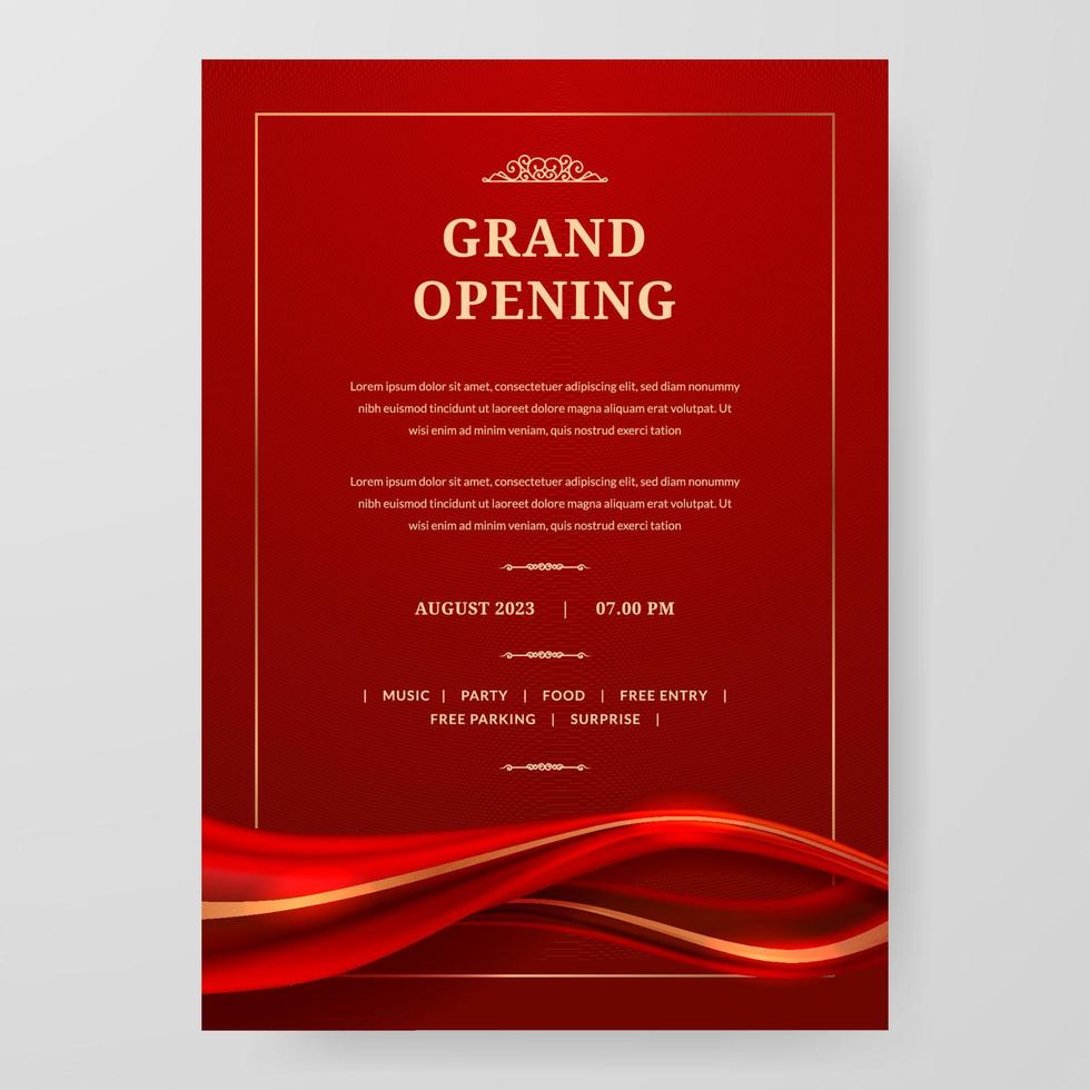 celebración de cartel de gran inauguración con decoración de elementos de cinta de seda satinada de tela roja para lujo elegante vip royal vector