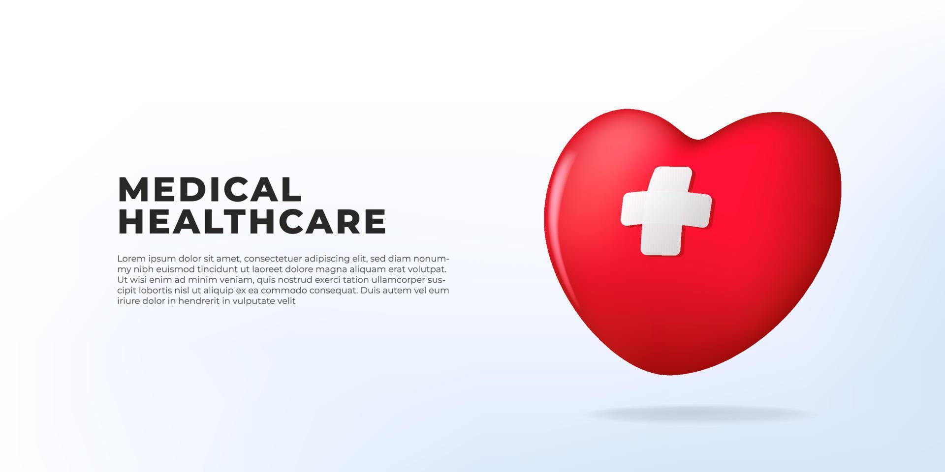 3D cartoon red hearth medical healthcare illustration concept for hospital clinic with white background vector