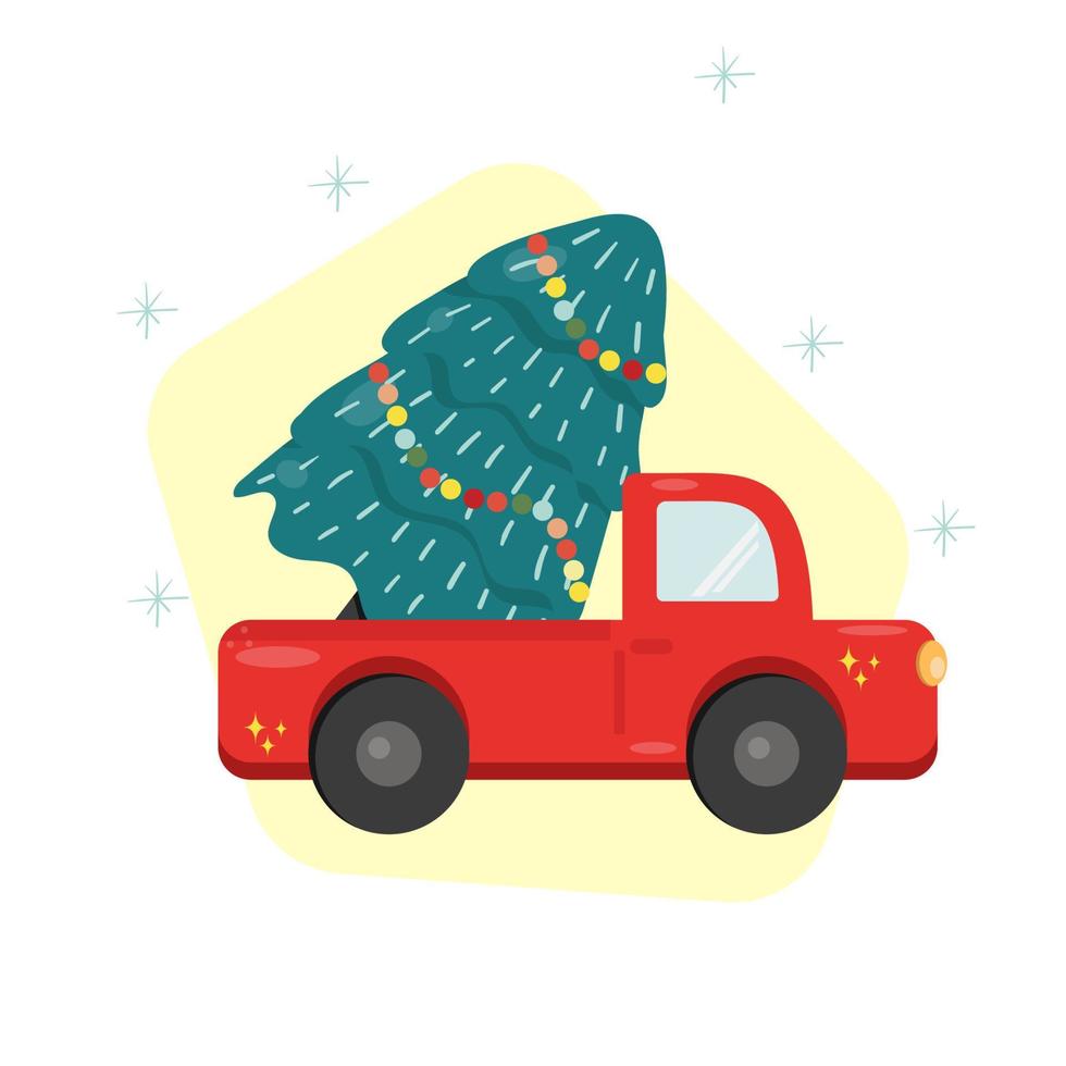 tarjeta de navidad con auto y arbol vector