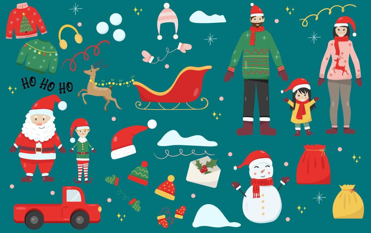 New Year's set with Santa Claus, snowman, elf, family, car, sweater, hat, deer vector
