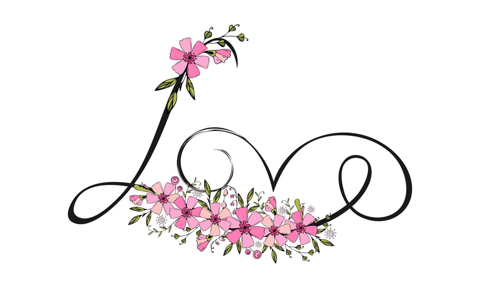 Me encantan las letras de la pasión con adornos de garabatos de flores, inscripción de pincel. vector