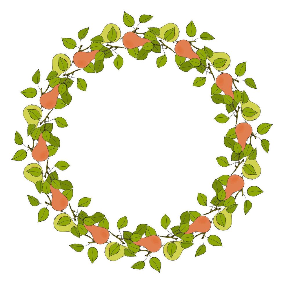 Pears Wreath circle of twigs with fruits orange and green, doodle, round frame with branches, leaves and fruits. vector