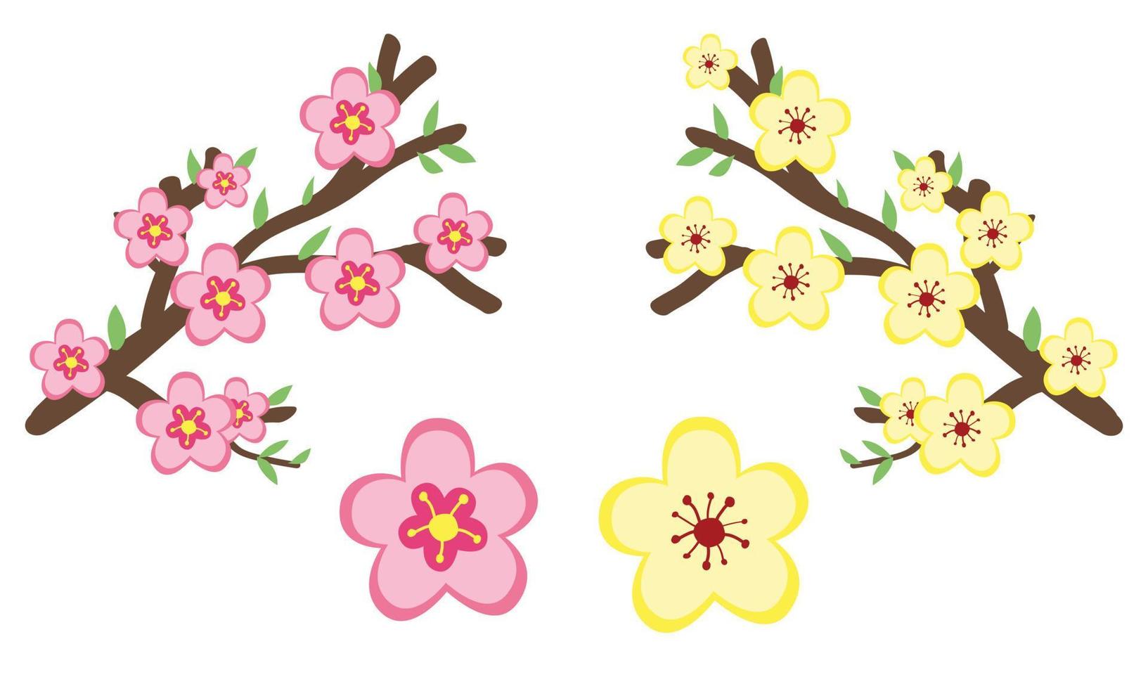 conjunto de vectores de imágenes prediseñadas de flor de flor de año nuevo chino. simple lindo rosa y amarillo flores flor de durazno y ochna integerrima plano vector diseño ilustración dibujos animados. concepto de año nuevo lunar asiático