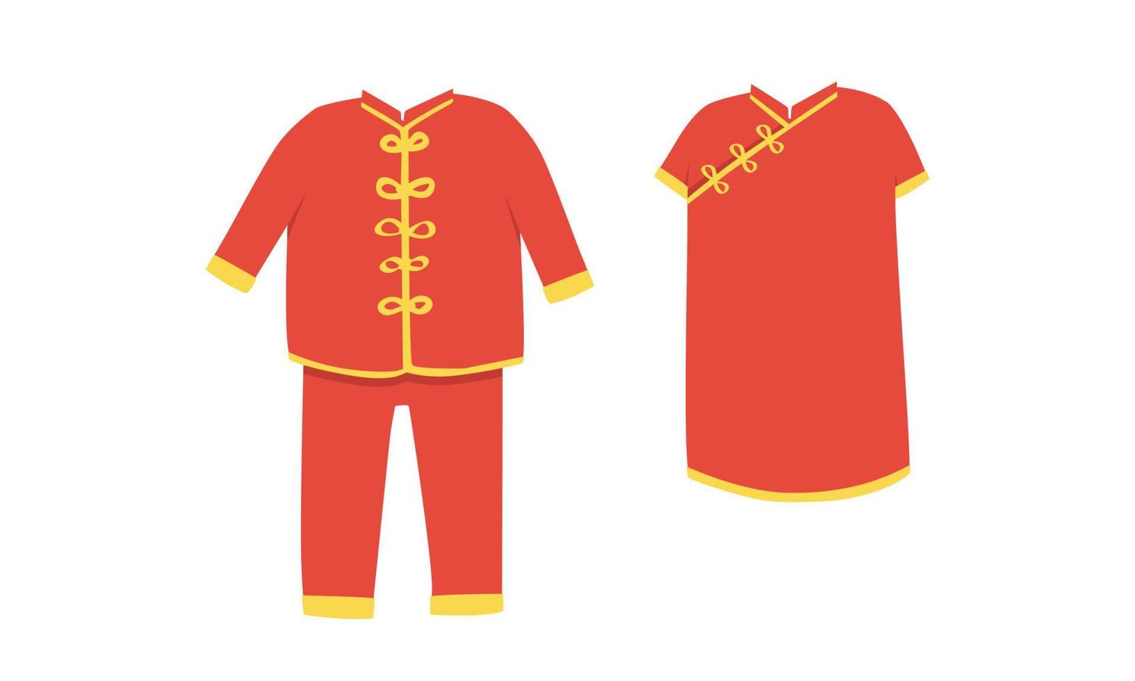 Vector set of Chinese New Year clothes clipart. Cute Chinese red traditional clothes flat vector illustration cartoon. Design elements. Asian Happy Lunar New Year concept