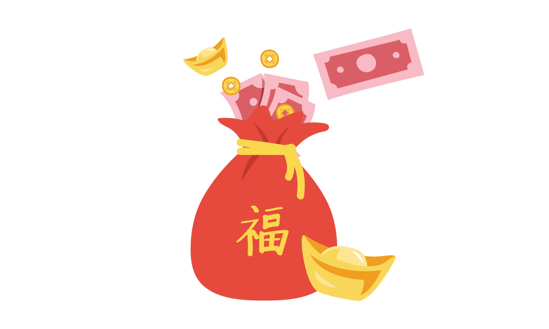 Chinese New Year money bag clipart. Simple red bag full of paper money,  coins and golden ingot flat vector illustration cartoon drawing. Chinese  text means Good Luck. Asian Lunar New Year concept