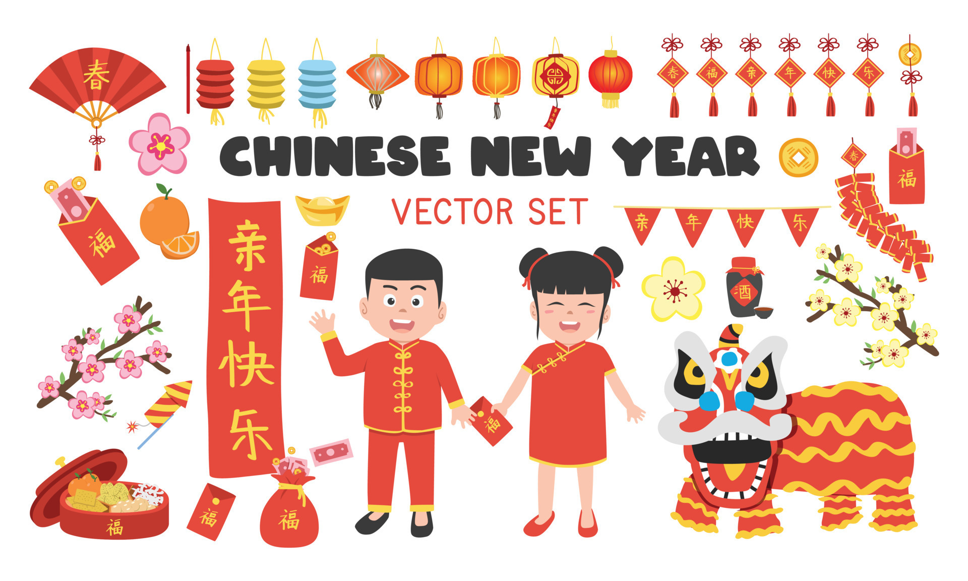 Chinese New Year festival elements clipart set. Traditional clothes