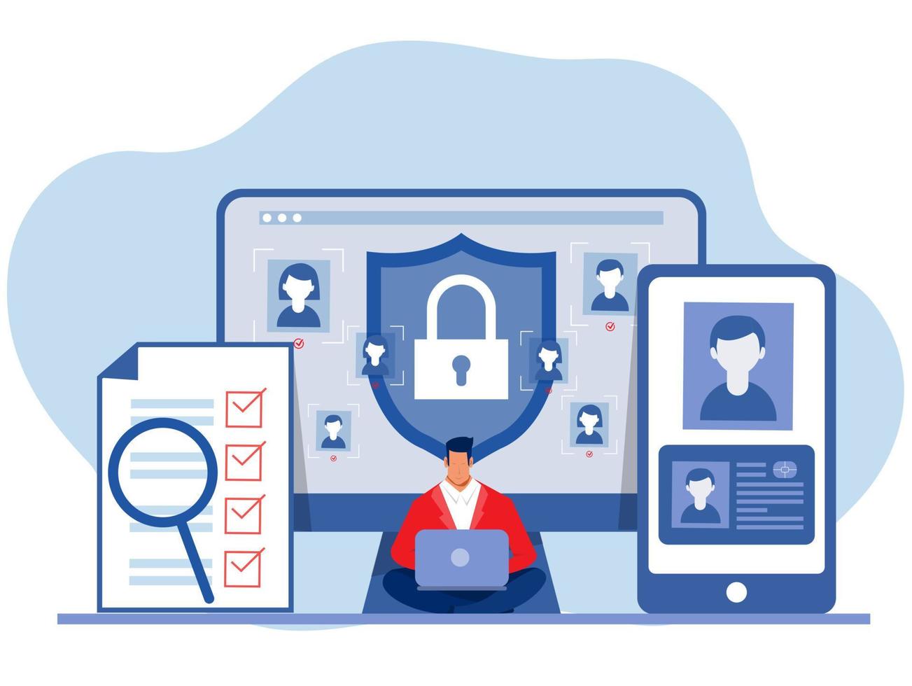 KYC or know your customer with business verifying the identity of its clients concept at the partners-to-be through a magnifying glass Idea of business identification and finance safety. vector