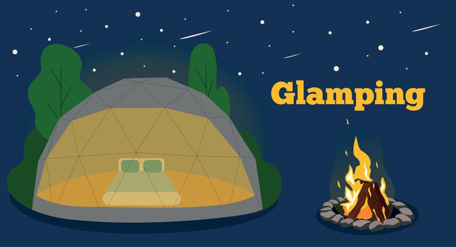 Glamping.Circle shape, text eco tourism.  Summer vector illustration. Comfortable tents, glass and bubble houses. chairs near camp fire.Outdoor recreation in mountains and forest. Vacation, recreation