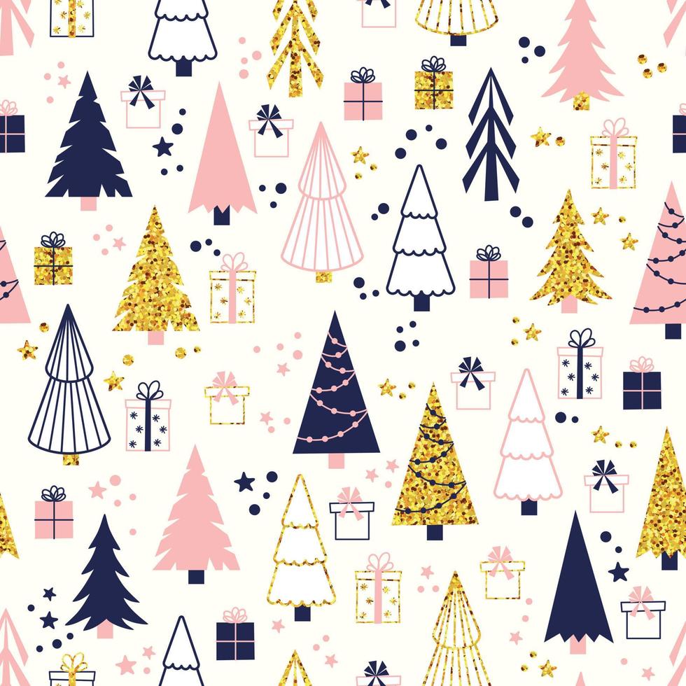 Vector Christmas pattern with fir trees and gifts