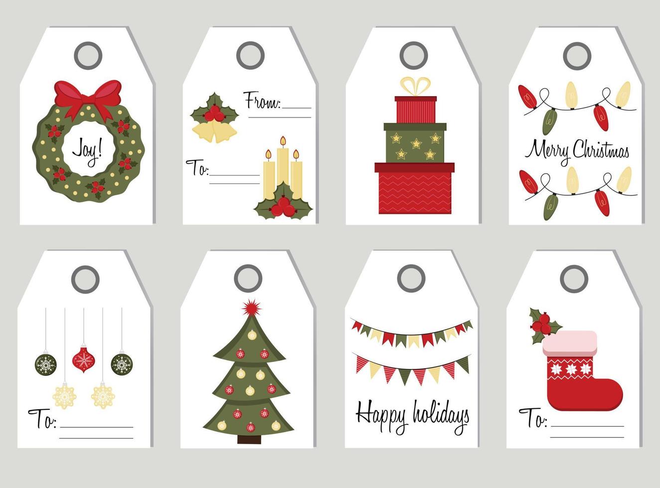 Christmas and New Year gift tags, collection of printable labels. Set of holiday elements in trendy collors. Tags for winter holidays. Printable items for decorating gifts. vector