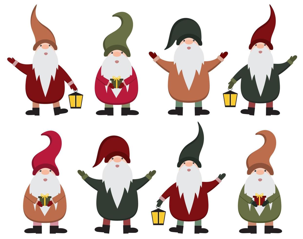 Cute collection of gnomes. Cheerful nordic gnome set. Scandinavian gnome with gift and lamp in hands. Suitable for Christmas decoration, greeting card. Childish cartoon illustration. vector