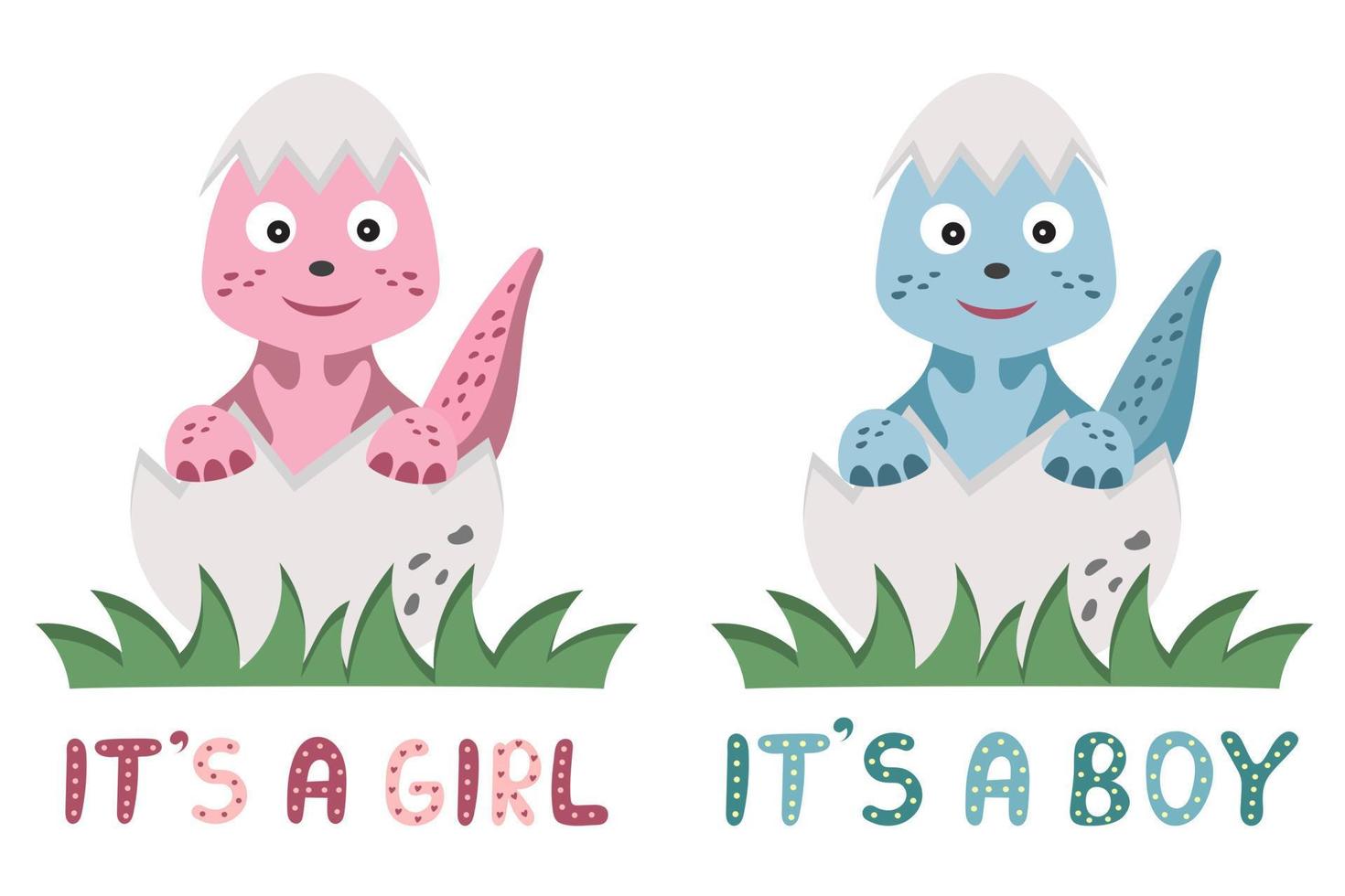 lindo, divertido, recién nacido, azul y rosa, dinosaurio, bebé, niña, y,  niño, en, huevos. hola concepto