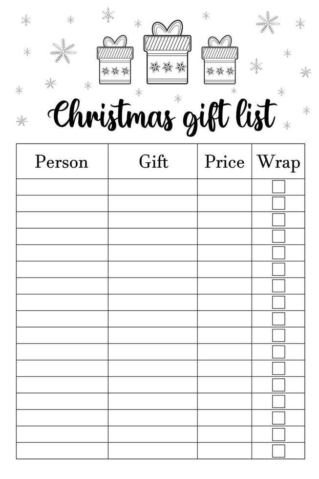 Christmas gift list. Blank printable vertical notebook page. Minimalistic abstract planners. Suitable for holiday organizers, gift buyers. Checklist for planning and buying Christmas gifts. vector