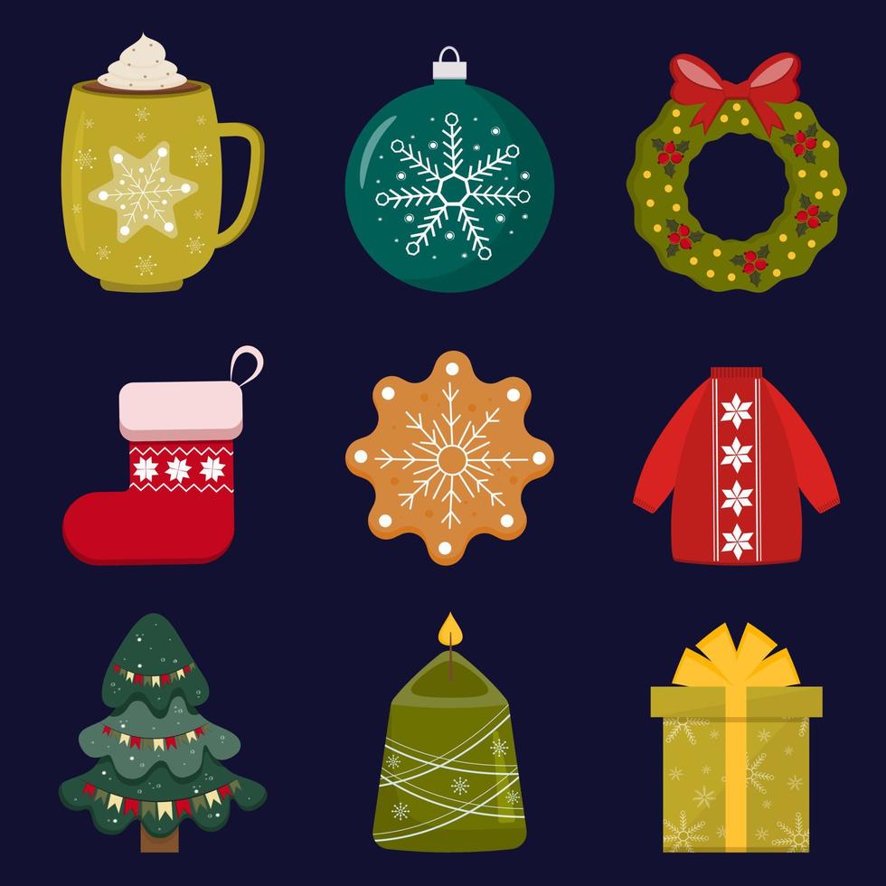 colección de elementos de diseño de navidad y año nuevo. taza, regalo, vela, suéter, sombrero, calcetín, juguete de árbol de navidad. conjunto de iconos de invierno. diseño para impresiones, tarjetas, carteles. vector